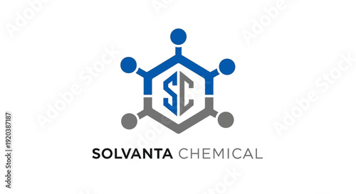 Geometric chemical molecule logo for science and industrial solutions, isolated white background