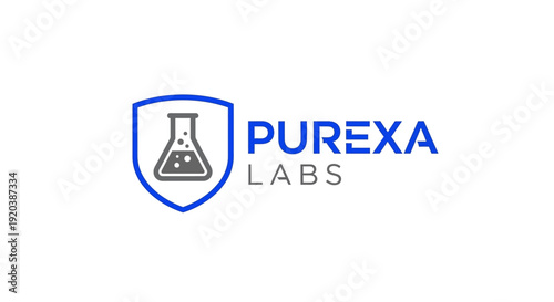 Shield beaker laboratory logo design for pure science and research labs, isolated white background.