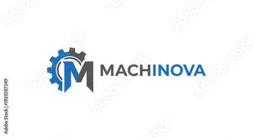 Abstract M letter gear logo design for industrial machinery engineering, isolated white background.