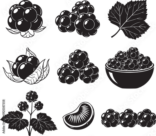 Blackberry icon collection. Includes blackberries, leaves, bowl of blackberries, and blackberry branch. Created in black and white vector style with simple illustrations.
