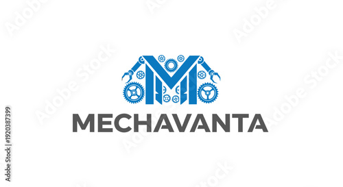 Mechavanta Logo with Stylized M Formed by Gears and Mechanical Parts on Isolated White Background