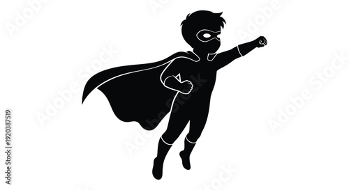A young boy dressed as a superhero with a cape and mask dynamically posed in flight silhouette high quality professional detailed