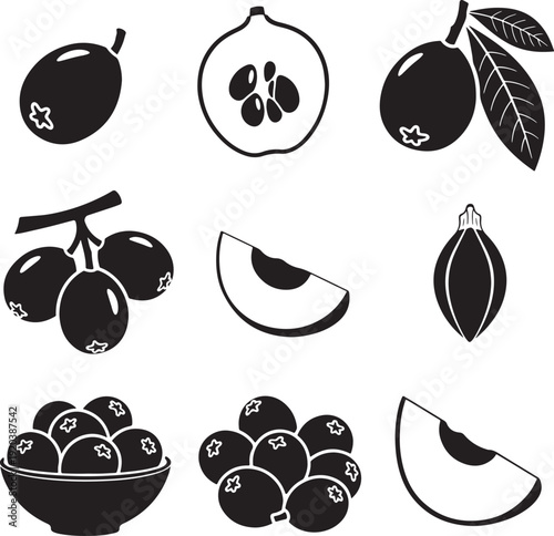 Tropical fruit vector icon set. Includes pomegranate, guava, mangosteen, and various fruit icons. Created in simple black style with white background