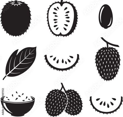 Durian fruit vector icon set. Includes whole, cut, seed, leaf, and bowl with seeds illustrations. Created in minimalist black style with white background