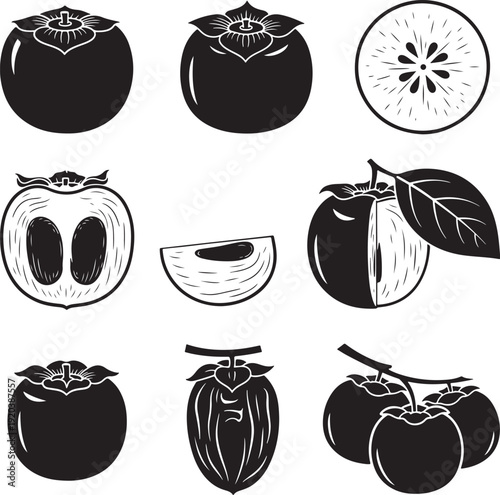 Blackberry icon collection. Includes blackberries, blackberry slice, and blackberry cutaway. Created in monochrome vector style with black and white palette.