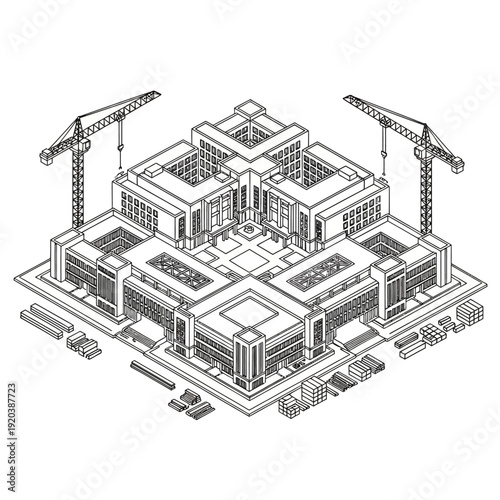 Isometric illustration of a building under construction with cranes and structural elements.