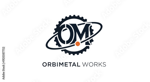 Modern industrial gear and 'OM' letter logo design, symbolizing engineering and manufacturing on an isolated white background.