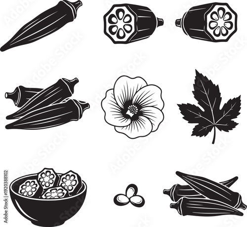 Okra icon collection. Includes okra pod, okra flower, okra seeds, okra leaf. Created in line style with black and white palette