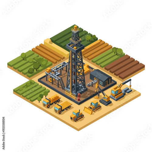 Isometric illustration of an oil rig with machinery and equipment on a drilling site surrounded by farmland.