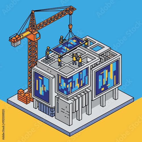 Isometric illustration of a building under construction with financial graphs displayed on its facade.