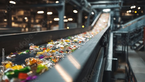 Industrial conveyor belt carrying colorful recyclable plastic waste in recycling plant facility, circular economy and environmental waste management concept, blurred bokeh background