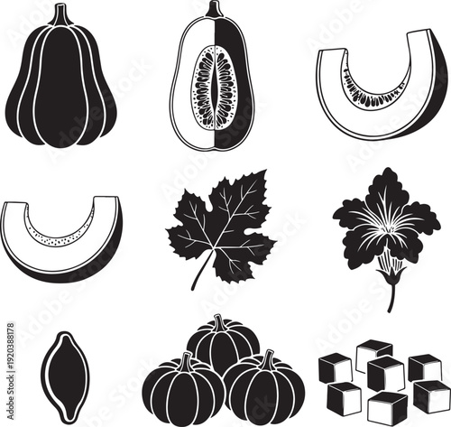Autumn harvest icon collection. Includes pumpkin, squash, watermelon, leaf, and cube icons. Created in black and white vector style