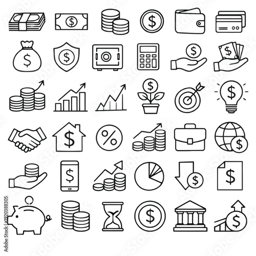 A comprehensive set of business and finance icons featuring vector symbols for web, office, and money management including document files, communication signs, and internet search illusory