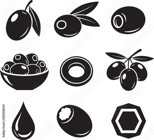 Olive icon collection. Includes olives, bowl of olives, olive oil drop, pit, and leafy branch. Created in solid black style with white accents.