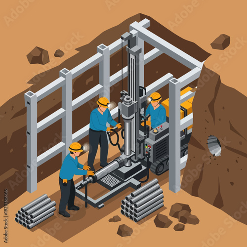 Construction workers operating drilling machinery in an excavation site.