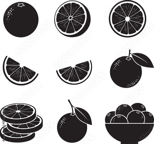 Citrus fruit icon collection. Includes lemon, orange, lime, fruit slice, and whole fruit symbols. Created in solid black style with white accents.
