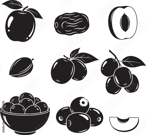 Fruit icons collection. Includes apple, peach, plum, cherry, bowl of fruit. Created in black and white vector style