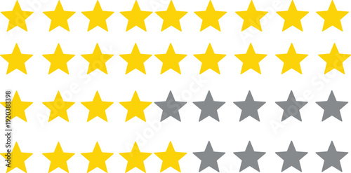 Star rating review illustration, five gold and gray stars feedback icon isolated on white background for customer satisfaction evaluation concept