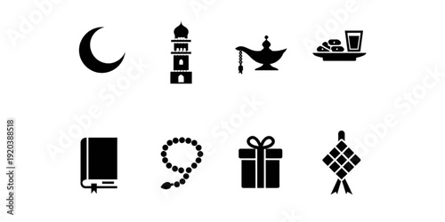 set of vector icons of mosque, ramadan, islamic, vector, silhouette, muslim, religion, arabic, prayer, architecture, mubarak, kareem, design, culture, worship, crescent, moon, minaret, sp