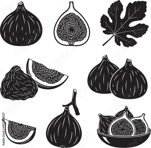 Fig fruit and leaf vector icon set. Includes figs, fig slices, and fig leaf. Created in black and white line art style.