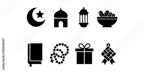 Vector illustration set of a black mosque silhouette in Istanbul Turkey featuring a collection of holiday celebration icons and decorative winter design symbols