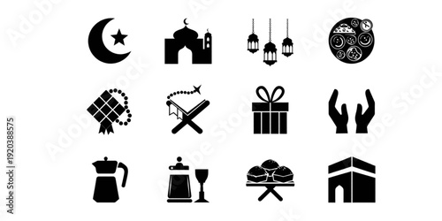 islamic, icons, set, ramadan, religion, muslim, mosque, arabesque, crescent, kareem, prayer, lantern, moon, masjid, arabic, culture, traditional, worship, spirituality, allah, mubarak, eid, decoration