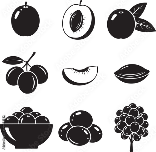 Fruit icons collection. Includes plum, damson, prune, blackberry, bowl. Created in solid black style with white outline.