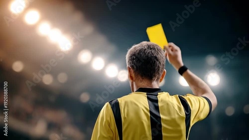 A referee signaling a yellow card in a stadium full of lights. He is wearing a yellow and black striped uniform, his arm raised