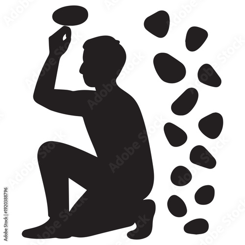Silhouette of a person kneeling with stones, abstract vector symbolizing primitive activity, tool use, hunting, and anthropology on a dark background.