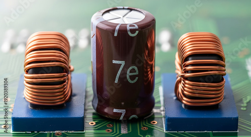 Close up of electronic components including capacitors and inductors on a board