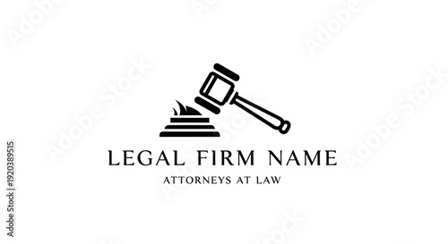 Black Gavel on Sound Block with "LEGAL FIRM NAME" Text Logo Design on Isolated White Background