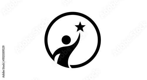 Abstract Person Reaching for a Star within a Circle Logo Design in Black on Isolated White Background