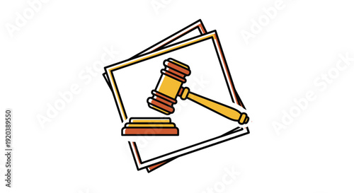 Cartoon Style Gavel on Stacked Papers Legal Icon, isolated white background.