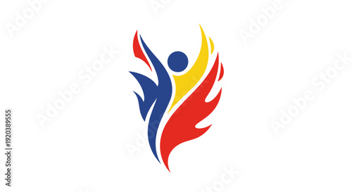 Abstract Dynamic Human Figure with Raised Arms and Colorful Flames Logo, isolated white background.