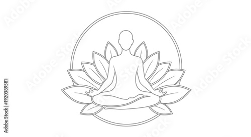 Outline of Meditating Person in Lotus Pose with Flower Circle, isolated white background.