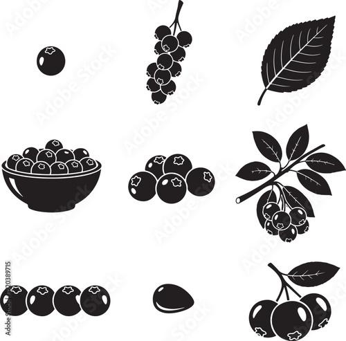 Blackberry icon collection. Includes blackberries, bowl, leaf, and branch icons. Created in solid black style with white accents.