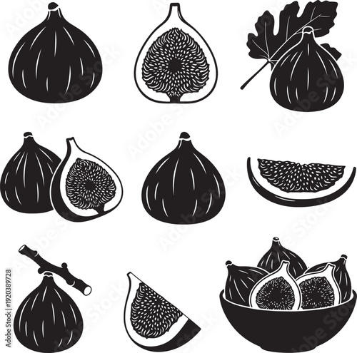 Fig icon collection. Includes figs, fig leaf, sliced fig, and bowl of figs. Created in black vector style with white accents.
