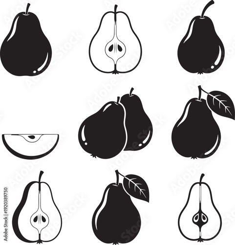 Pear icon collection. Includes whole pears, halved pears, and pears with leaves. Created in black silhouette style with white highlights.