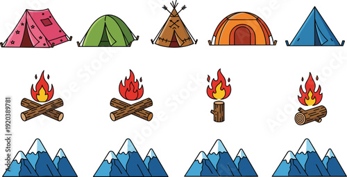Camping and outdoor adventure icon set with tents, campfire flames, and mountain landscapes for travel, hiking, nature, and wilderness vector design