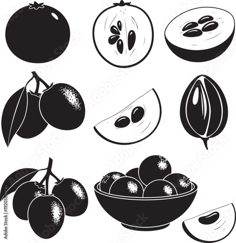 Tropical fruit vector icon set. Includes guava, slice, bowl. Created in black and white style with simple illustrations.