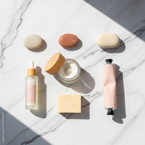 Natural Organic Skincare Products and Smooth Pebbles Flat Lay on White Marble with Sunlight Shadows, Beauty and Wellness Concept