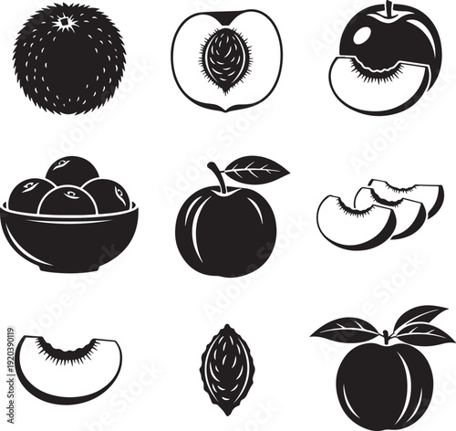 Fruit icons collection. Includes dragon fruit, durian, apple, pear, peach, and leaves. Created in black vector style with simple illustrations