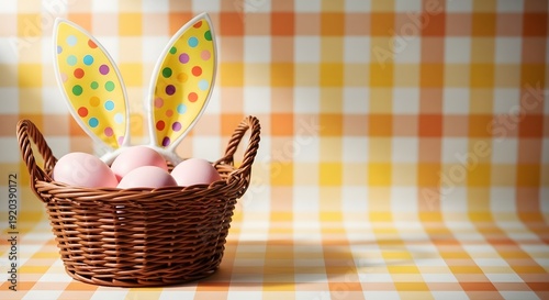 Easter basket with eggs and bunny ears on colorful background