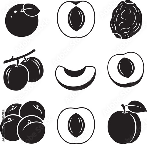 Black and white peach icon collection. Includes peaches, prunes, plum icons. Created in minimalist line style with black and white palette.