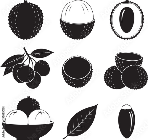Durian fruit icon collection. Includes durian, fruit, leaf, bowl. Created in black and white vector style.