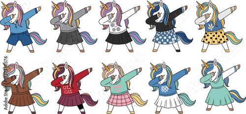 Cartoon unicorn dab illustration set, colorful design artwork, fashion motif, dance symbol vector collection for fantasy, children, and playful themes