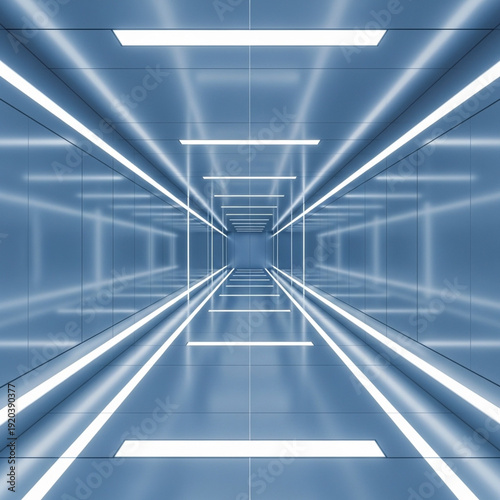 Futuristic Blue Tunnel with Glowing White Lights, Sci-Fi Corridor Perspective