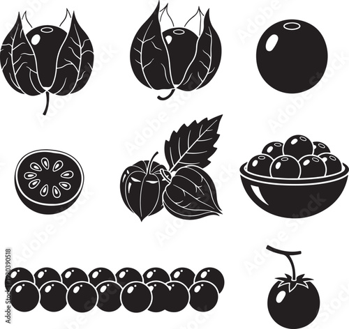 Blackberry icon collection. Includes blackberries, leaves, and bowl of blackberries. Created in solid style with black and white color palette.