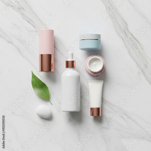 Elegant Natural Cosmetic Skincare Products Flat Lay on White Marble Background with Green Leaf, Minimalist Packaging Design, and Copper Accents.