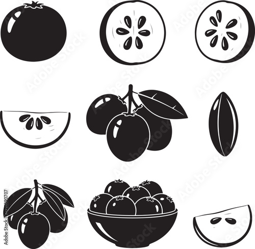 Fruit icons collection. Includes pomegranate, plum, and fruit bowl illustrations. Created in black and white vector style.